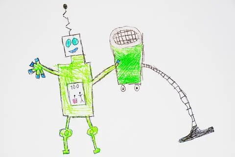 In the child's drawing there is an image of a robot with a green vacuum clean Stock Illustration