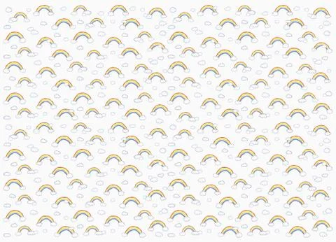 Childs drawing tiny vibrant rainbow and cloud pattern on white background Illustrazione stock