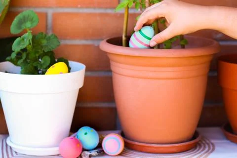 Child's hand hiding easter egg in flower pot Stock Photos