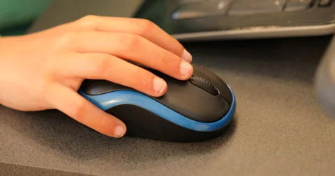 Child's hand using a computer mouse for distance learning Stock Footage 333846457