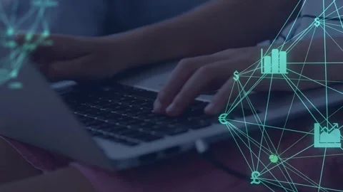 Child's hands resting then moving into typing, learning finance as teal network Stock Footage 335739189