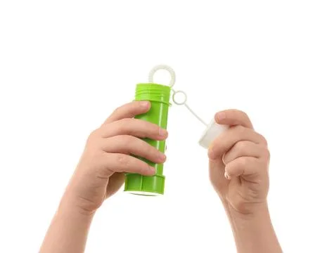 Child's hands with soap bubbles on white background Stock Photos