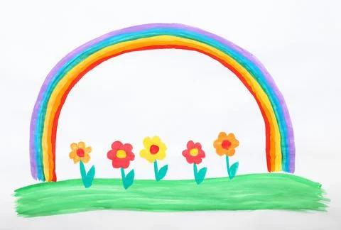 Child's painting of flowers and rainbow on white paper Stock Illustration