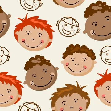 A child's pattern of children's faces on a beige background. Stock Illustration