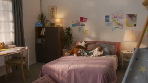 Childs Room Interior with Big Comfortable Bed and Toys Vidéo 317841485