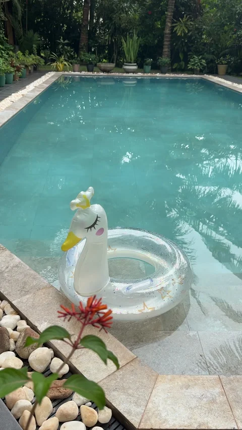 A Child's Swan Float in a Pool Surrounded by Lush Greenery Vídeo Stock 301241779