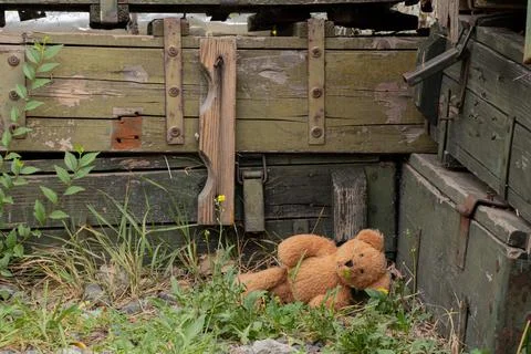 A child's teddy bear lies on the ground against the background of wooden mi.. Stock Photos