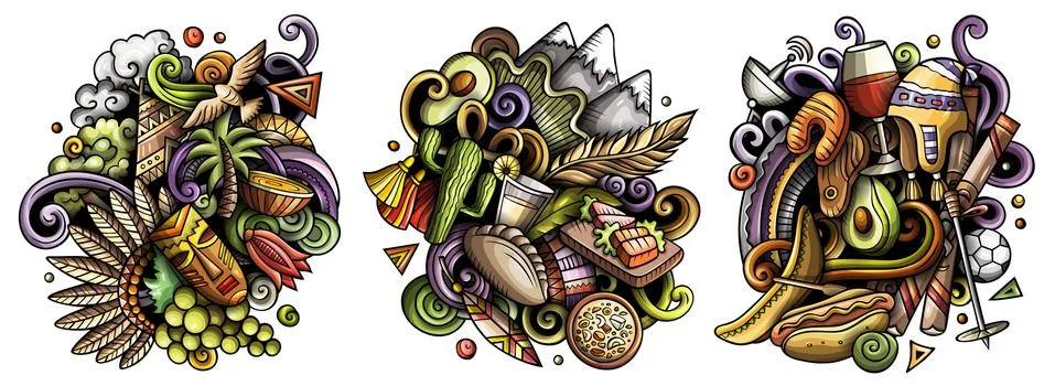 Chile cartoon vector doodle designs set. Stock Illustration