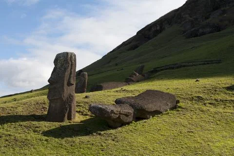 Chile, Easter Island, Rapa Nui, Rano Raraku Archaeological Complex Stock Photos