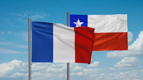 Chile flag and France flag waving together on blue sky, looped video, two Stock Footage 245109853