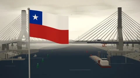 Chile Flag Flying Over Cable Stayed Bridge River seamless loop Stock Footage 345373136
