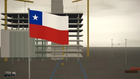 Chile Flag Flying Over Construction Site Tower Cranes seamless loop 動画素材 345140543