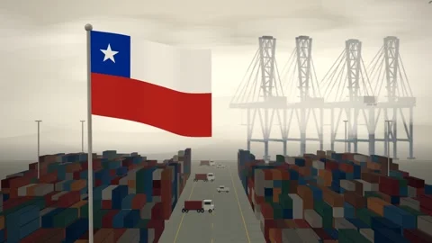 Chile Flag Flying Over A Container Port Terminal In Morning Haze Vídeos de archivo 344409285