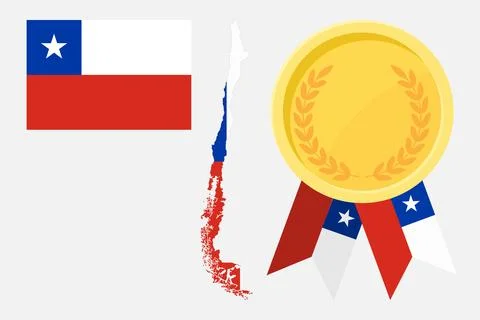 Chile flag with map and gold medal in set for web and banners or app and game Stock Illustration