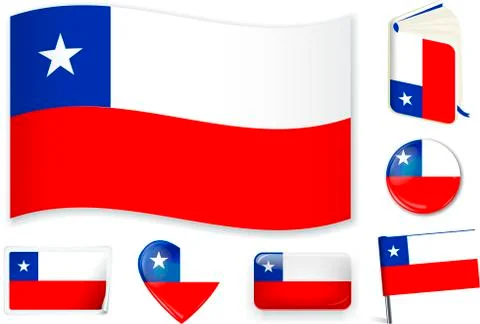 Chile flag wave, book, circle, pin, button, heart and sticker. Stock Illustration