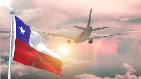 Chile flag Waving Realistic With Sky Plane Takes Off At Sunrise Stock Footage 294598400