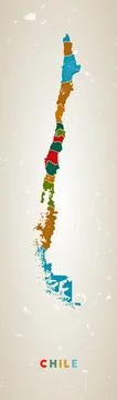 Chile map. Country poster with colored regions. Old grunge texture. Vector .. Stock Illustration