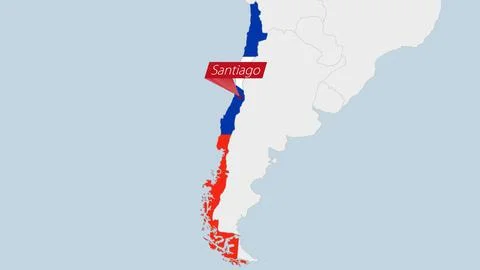 Chile map highlighted in Chile flag colors and pin of country capital Santiag Stock Illustration