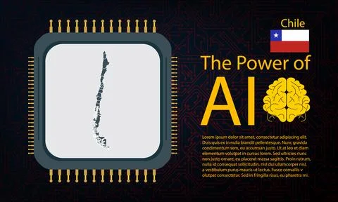 Chile map with microchip war and AI concept on circuit board, Power of AI w.. Ilustração Stock
