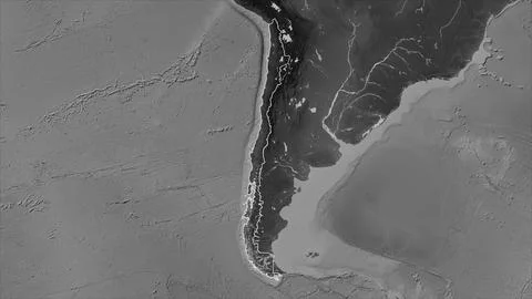 Chile outlined on a Grayscale elevation map with lakes and rivers Illustrazione stock