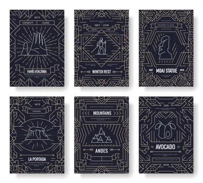 Chile vector brochure cards thin line set. Country travel template of flyear Illustrazione stock