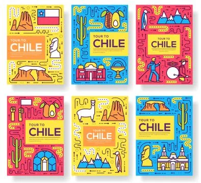 Chile vector brochure cards thin line set. Country travel template of flyear Stock Illustration