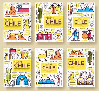 Chile vector brochure cards thin line set. Country travel template of flyear Stock Illustration