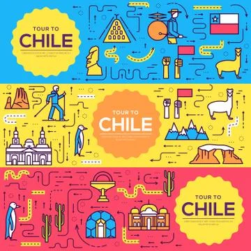 Chile vector brochure cards thin line set. Country travel template of flyear Stock Illustration