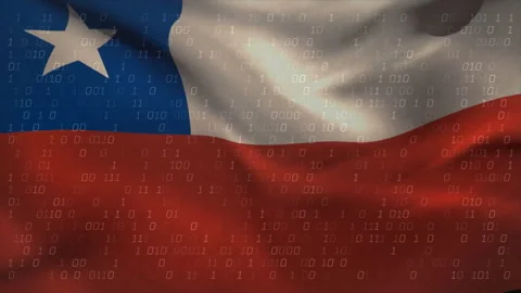 Chilean flag fluttering in dark void, binary digits appearing and cascading Video stock 311506991