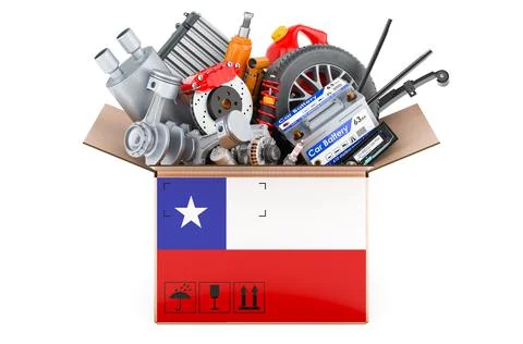 Chilean flag painted on the parcel with car parts. 3D rendering 스톡 일러스트
