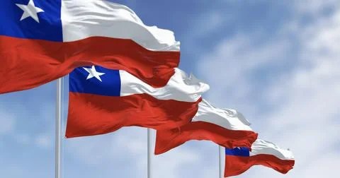 Chilean flags waving against a clear blue sky 3D render 스톡 일러스트