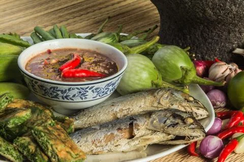 Chili paste and egg with fried mackerel, vegetable Thai food  Stock Photos