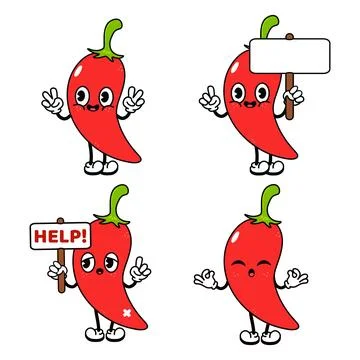 Chili pepper character bundle set. Vector hand drawn doodle style tradition.. Stock Illustration