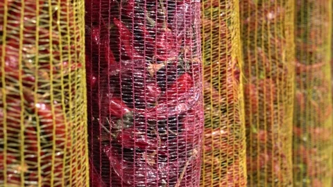 Chili pepper drying process in mesh bags for sale and distribution Stock Footage 333530478