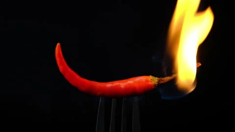 Chili pepper on fork with flames on black background. Burning red chili pepper.  Video stock 260774336