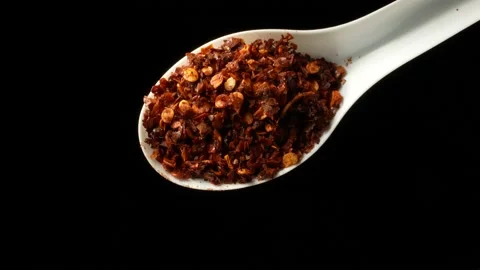 Chili pepper. A full spoon of ground chili pepper. Stock Footage 235542760