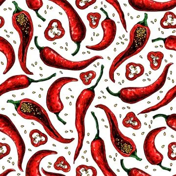 Chili Pepper hand drawn vector seamless pattern. Vegetable artistic style o.. 스톡 일러스트