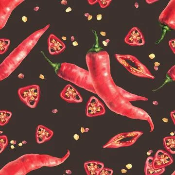 Chili pepper seamless pattern. Red whole vegetables and cut pods round sliced Illustrazione stock