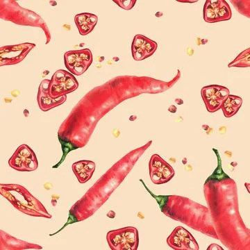 Chili pepper seamless pattern. Watercolor Red whole vegetables and cut pods Stock Illustration