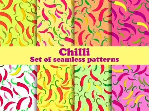 Chili pepper set of seamless patterns. Spice that piquants dishes. Background Stock-Illustration