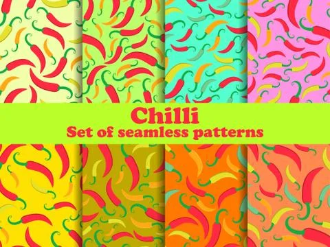 Chili pepper set of seamless patterns. Spice that piquants dishes. Background Stock Illustration