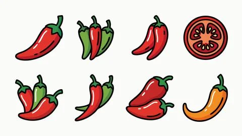 Chili Pepper Vector Collection with Red Green and Orange Peppers Stock Illustration