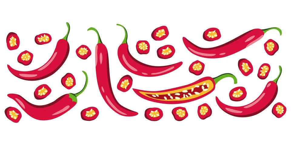 Chili pepper vector set in flat style. Hand drawn food vegetable illustrati.. 스톡 일러스트