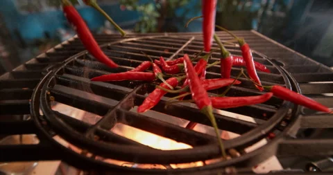 Chili peppers falling on rustic grill 스톡 동영상 311831487