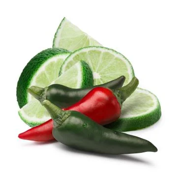 Chili peppers with lime slice, paths Stock Photos