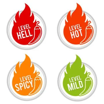 Chili peppers scale. Hell, Hot, Spicy and Mild icons. Illustrazione stock