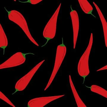Chili peppers seamless pattern on black background. Stock Illustration