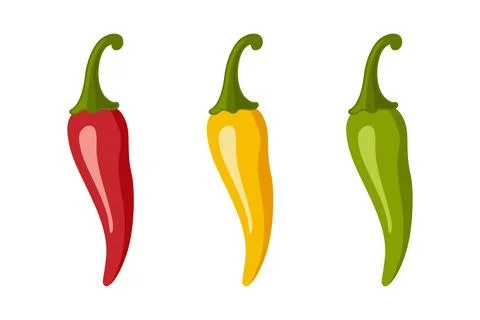 Chili Peppers Vector Set, Isolated. Red, Yellow, Green Hot Peppers, Spicy Food Stock Illustration