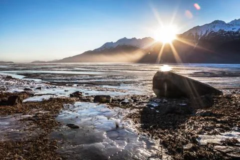 Chilkat River sunset with ice. Stock Photos