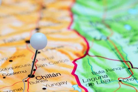 Chillan pinned on a map of Chile Stock Photos